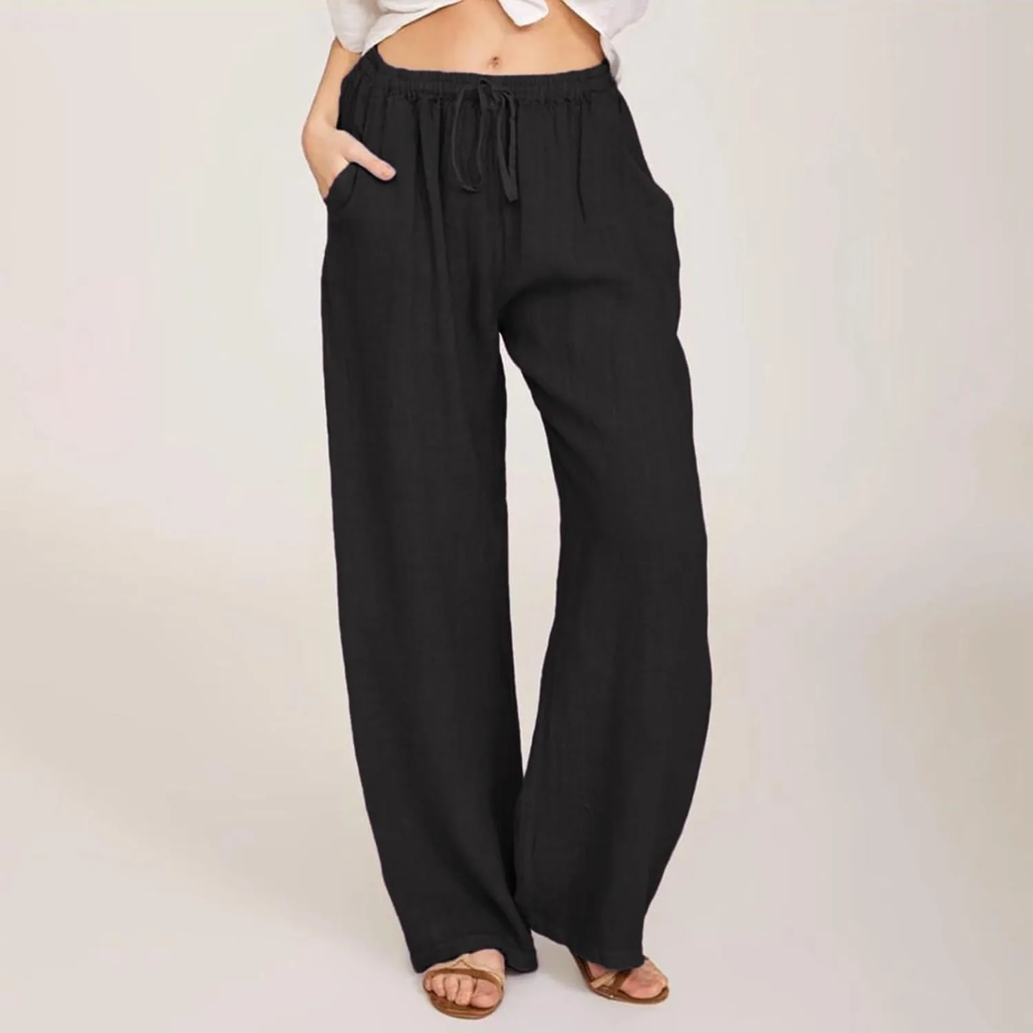 Linen Pants Women Elastic High Waisted Drawstring Petite Lounge Pants Palazzo Wide Leg Casual Summer Beach Trousers