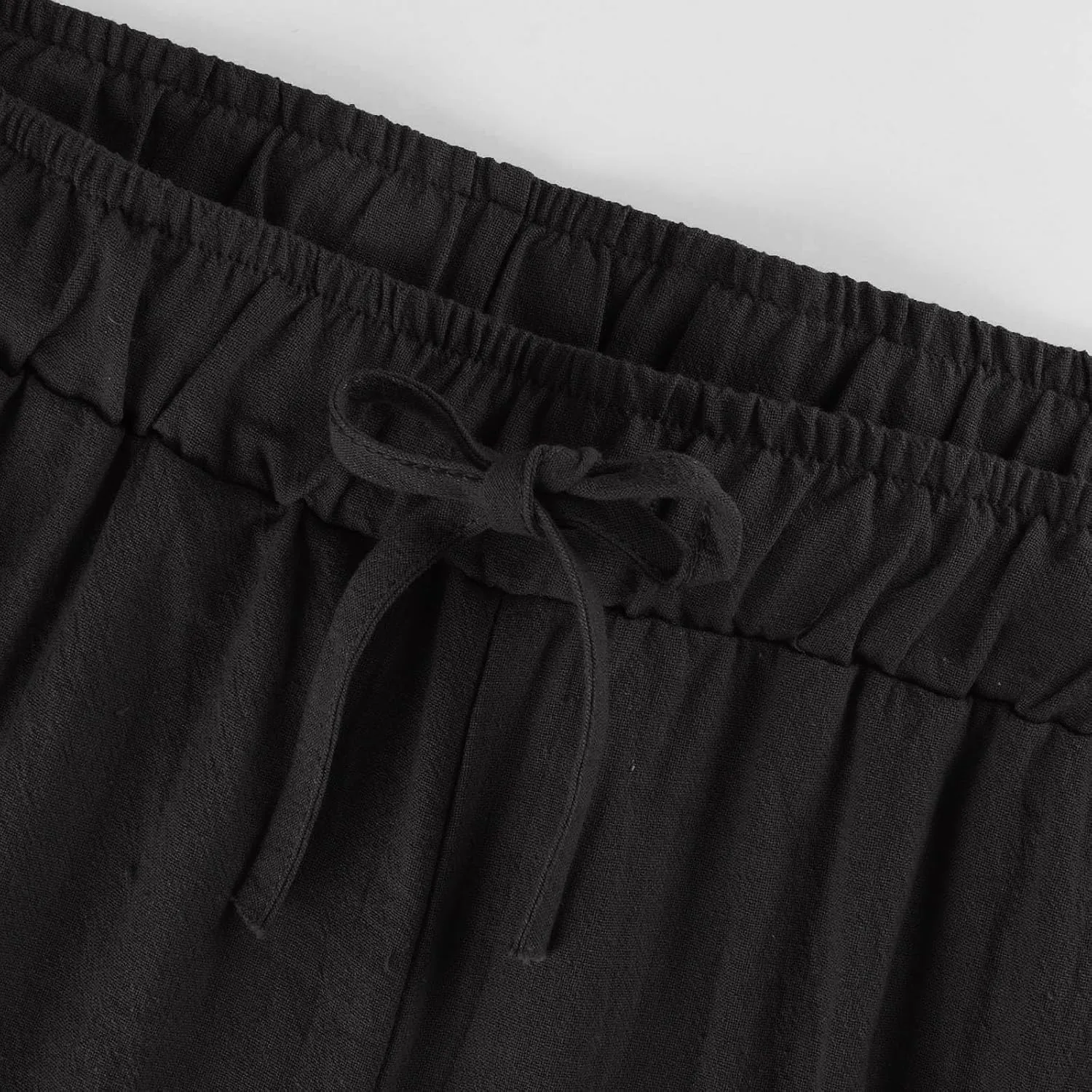 Linen Pants Women Elastic High Waisted Drawstring Petite Lounge Pants Palazzo Wide Leg Casual Summer Beach Trousers