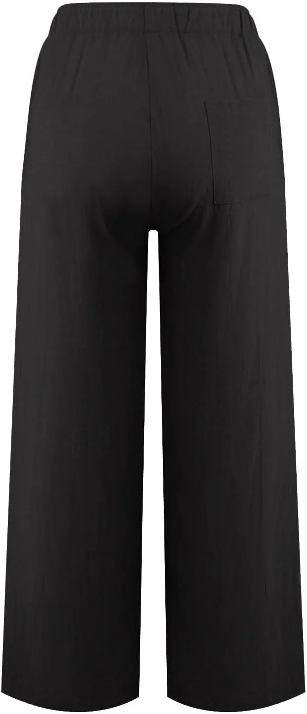 Linen Pants Women Elastic High Waisted Drawstring Petite Lounge Pants Palazzo Wide Leg Casual Summer Beach Trousers