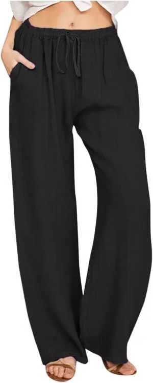 Linen Pants Women Elastic High Waisted Drawstring Petite Lounge Pants Palazzo Wide Leg Casual Summer Beach Trousers
