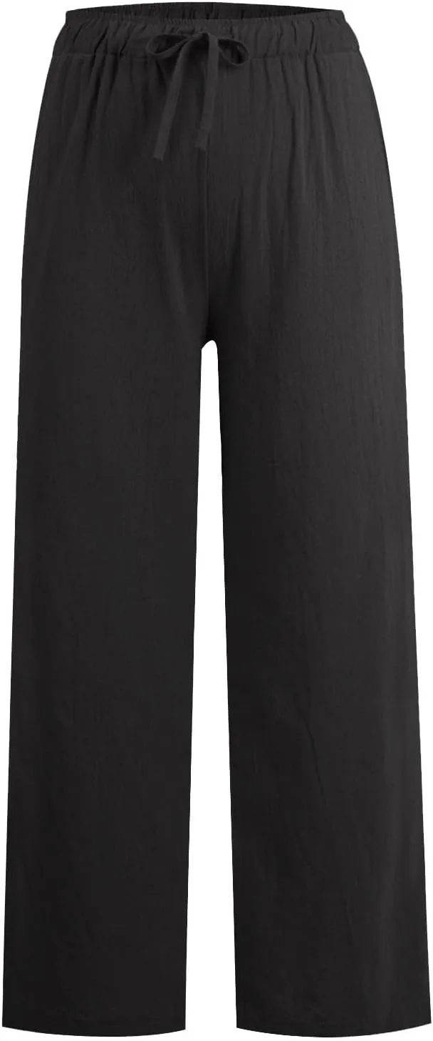 Linen Pants Women Elastic High Waisted Drawstring Petite Lounge Pants Palazzo Wide Leg Casual Summer Beach Trousers