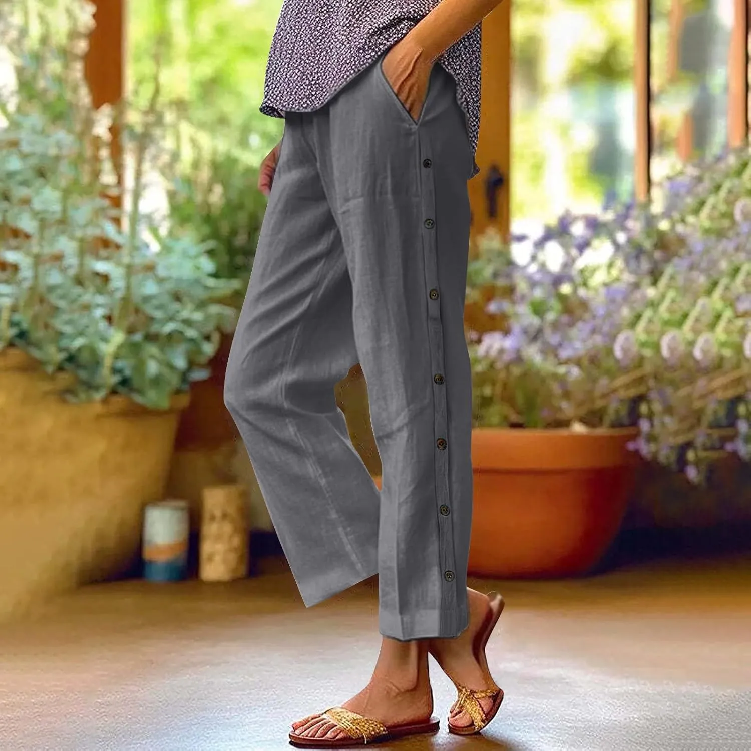 Linen Pants Women Petite Wide Leg Summer Elastic Waist Lounge Trousers Casual Lightweight Capri Pants with Pockets