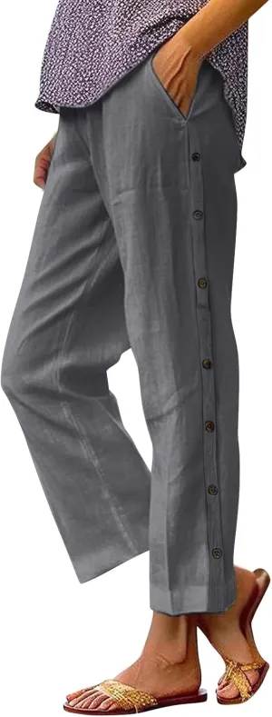 Linen Pants Women Petite Wide Leg Summer Elastic Waist Lounge Trousers Casual Lightweight Capri Pants with Pockets
