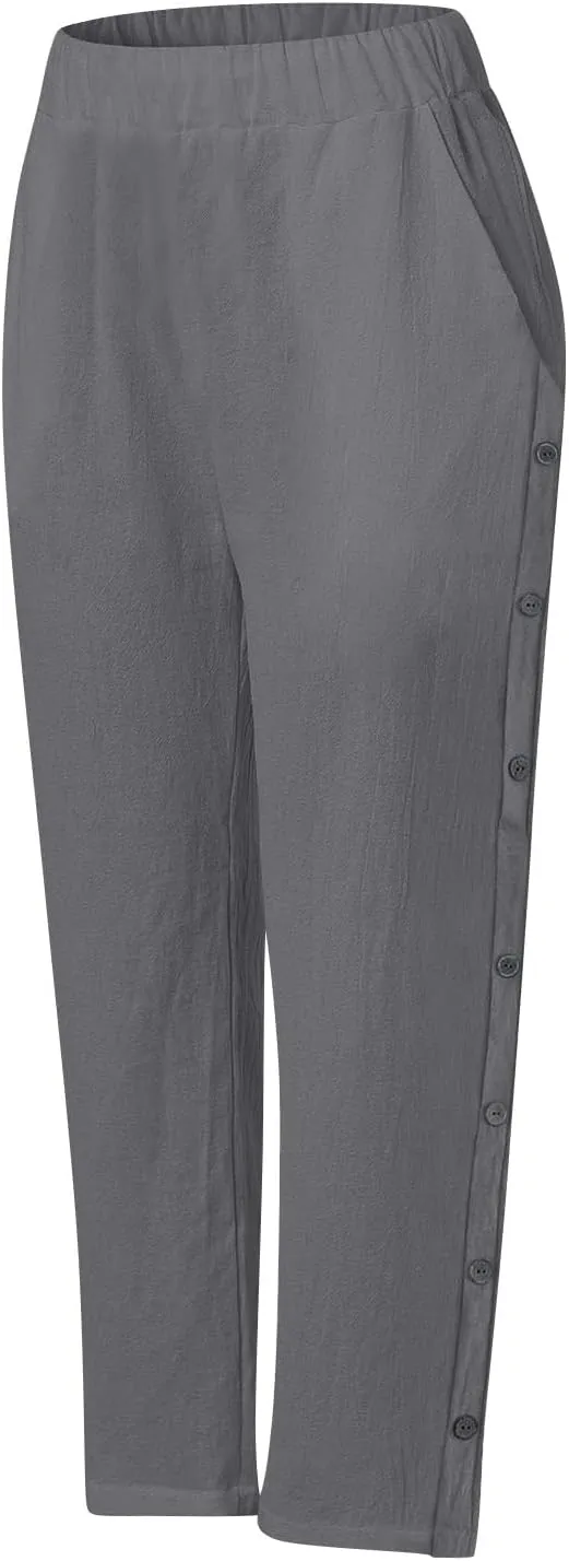 Linen Pants Women Petite Wide Leg Summer Elastic Waist Lounge Trousers Casual Lightweight Capri Pants with Pockets
