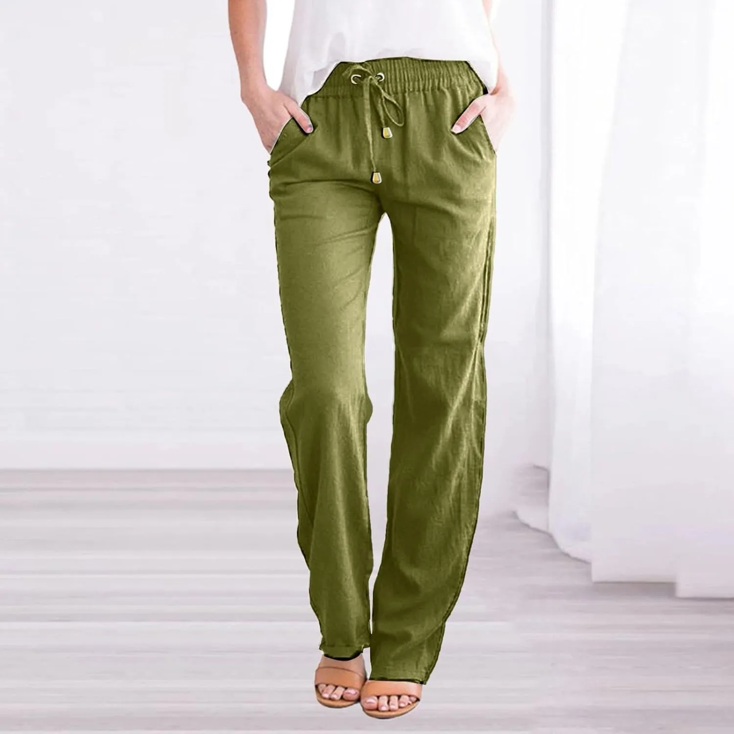 Linen Pants Women Summer 2025 Casual Cotton Linen Pant High Waisted Drawstring Lounge Pants Beach Trousers