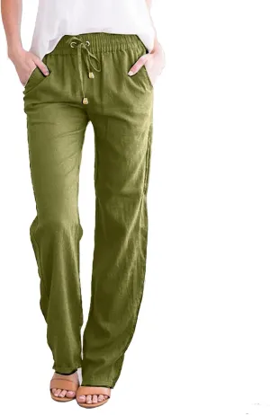 Linen Pants Women Summer 2025 Casual Cotton Linen Pant High Waisted Drawstring Lounge Pants Beach Trousers