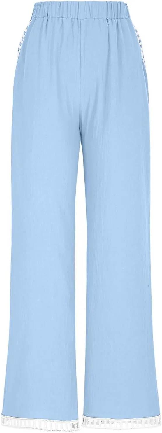 Linen Pants Women Summer Lounge Pant Elastic High Waist Pants Casual Lightweight Capris Trouser Straight Leg Slacks