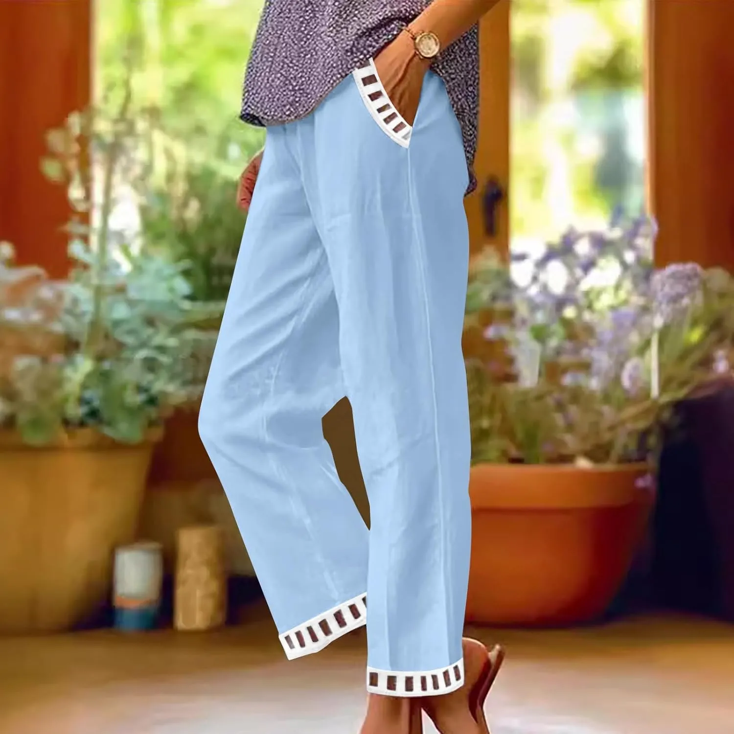 Linen Pants Women Summer Lounge Pant Elastic High Waist Pants Casual Lightweight Capris Trouser Straight Leg Slacks