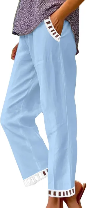 Linen Pants Women Summer Lounge Pant Elastic High Waist Pants Casual Lightweight Capris Trouser Straight Leg Slacks