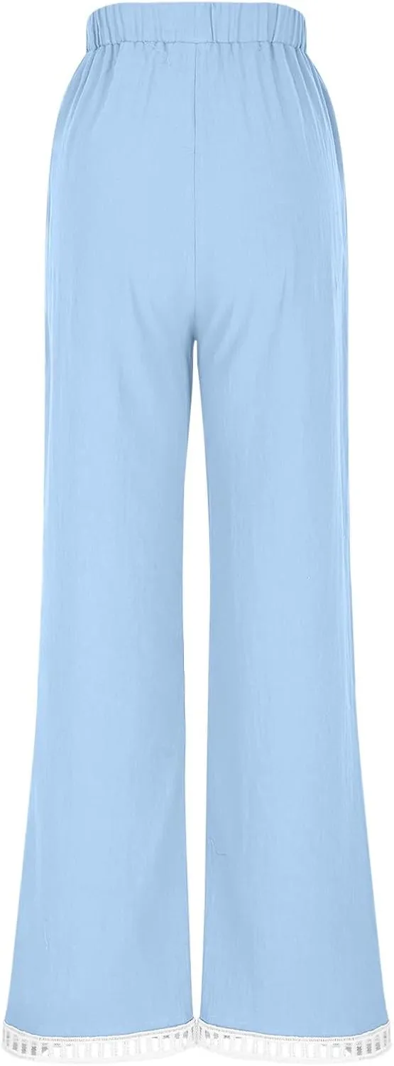 Linen Pants Women Summer Lounge Pant Elastic High Waist Pants Casual Lightweight Capris Trouser Straight Leg Slacks