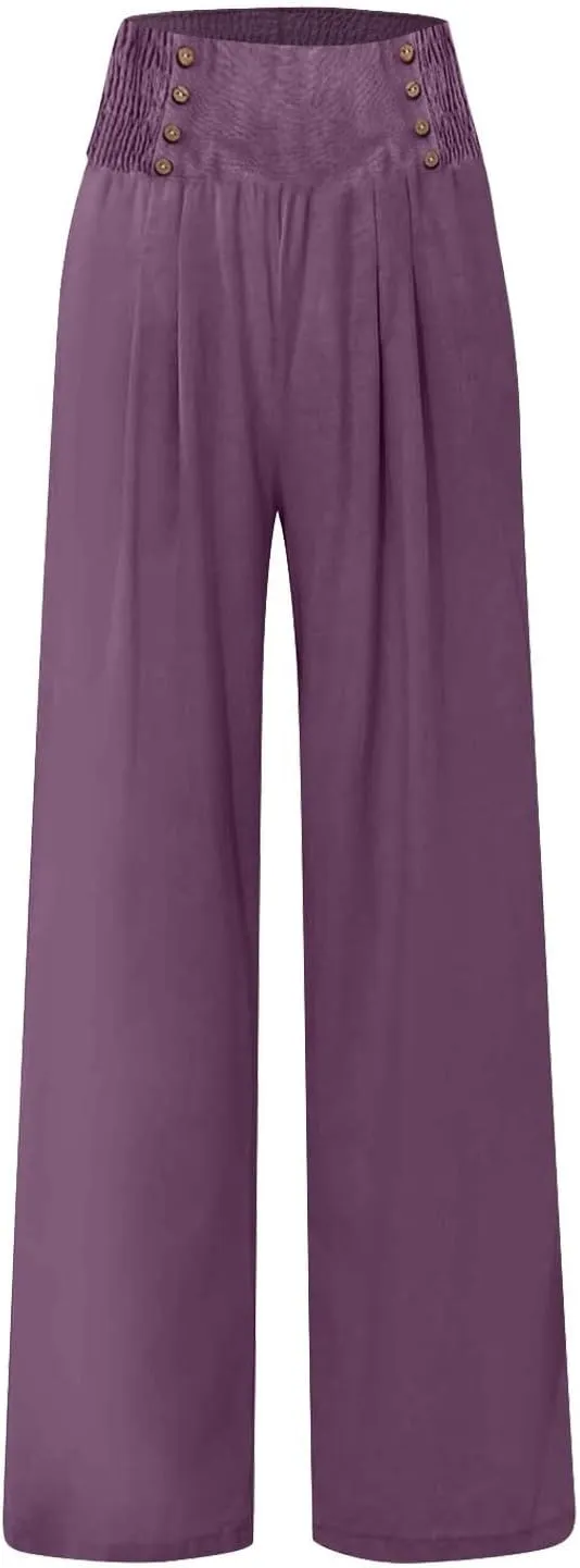 Linen Pants Women Summer Smocked High Waisted Wide Leg Trousers Flowy Beach Boho Palazzo Pants with Pockets