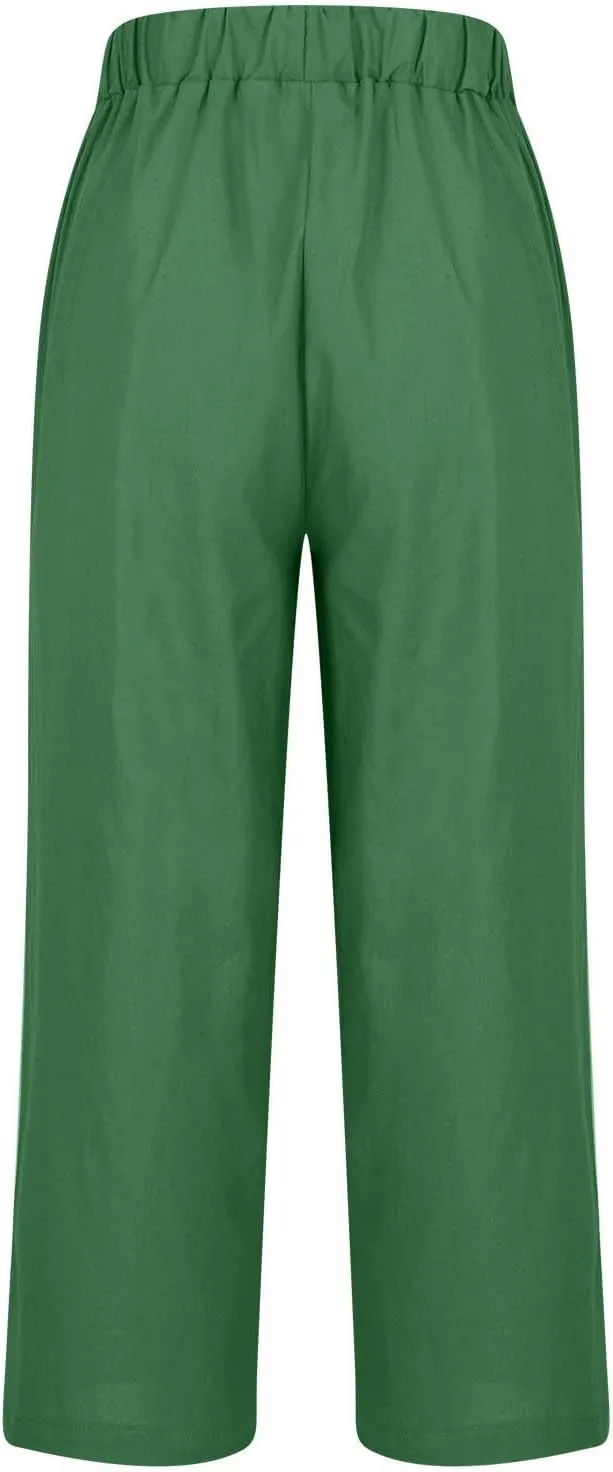 Linen Pants Women Summer Solid Color Wed Leg Long Palazzo Pants Baggy Flowy Beach Pants Lounge Trousers with Pockets 2024