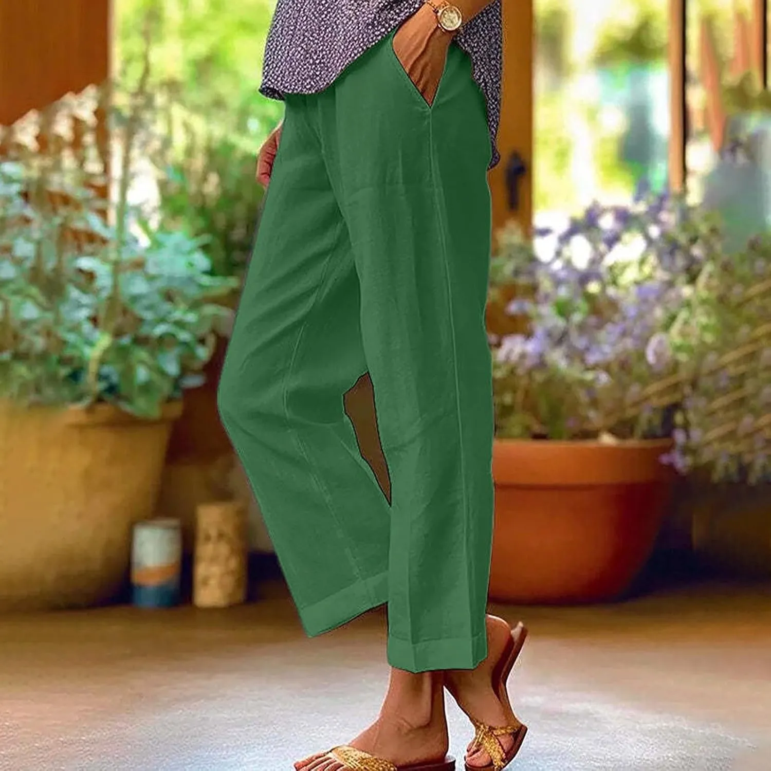 Linen Pants Women Summer Solid Color Wed Leg Long Palazzo Pants Baggy Flowy Beach Pants Lounge Trousers with Pockets 2024