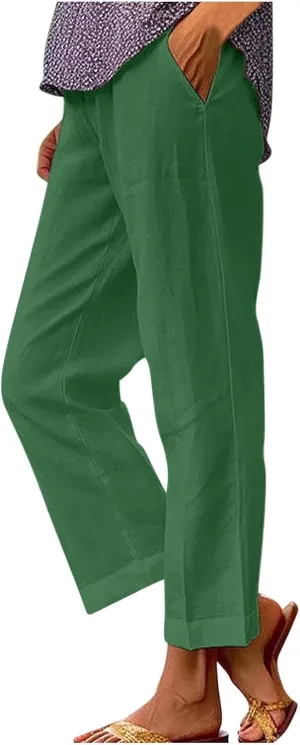 Linen Pants Women Summer Solid Color Wed Leg Long Palazzo Pants Baggy Flowy Beach Pants Lounge Trousers with Pockets 2024