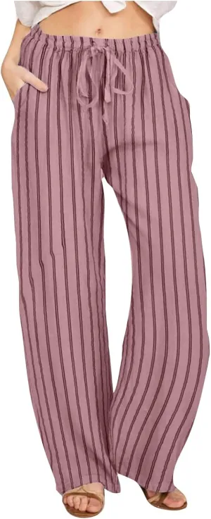 Linen Pants Women Summer Striped Wide Leg Pants Drawstring Elastic High Waisted Lounge Pants Casual Beach Trousers