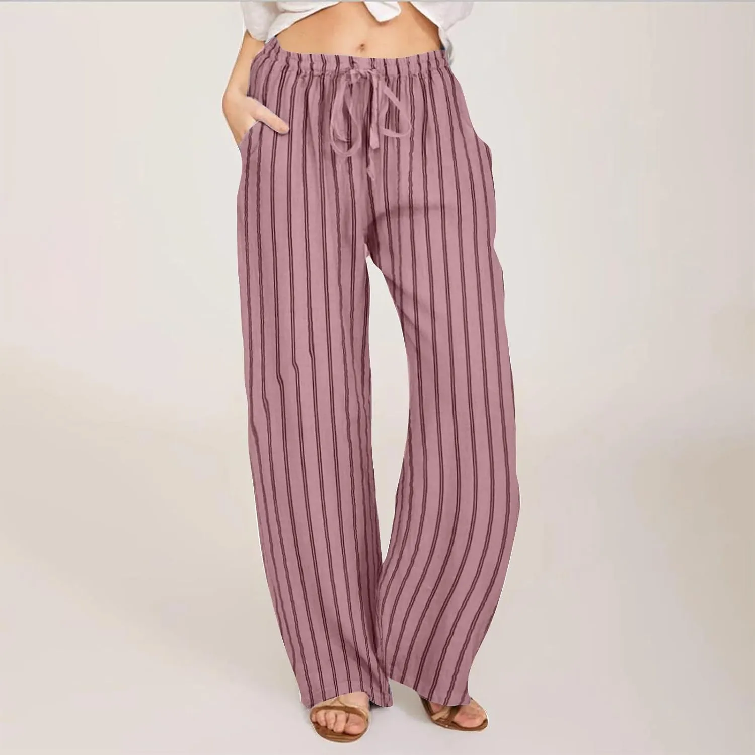 Linen Pants Women Summer Striped Wide Leg Pants Drawstring Elastic High Waisted Lounge Pants Casual Beach Trousers