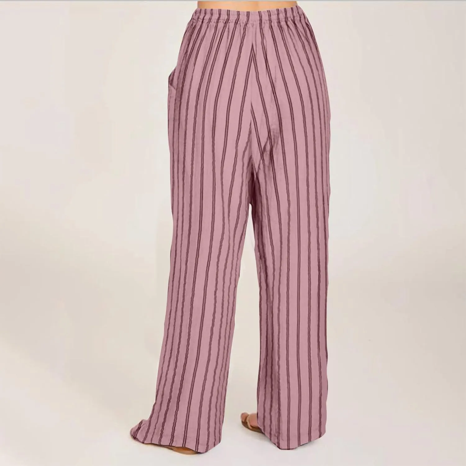 Linen Pants Women Summer Striped Wide Leg Pants Drawstring Elastic High Waisted Lounge Pants Casual Beach Trousers