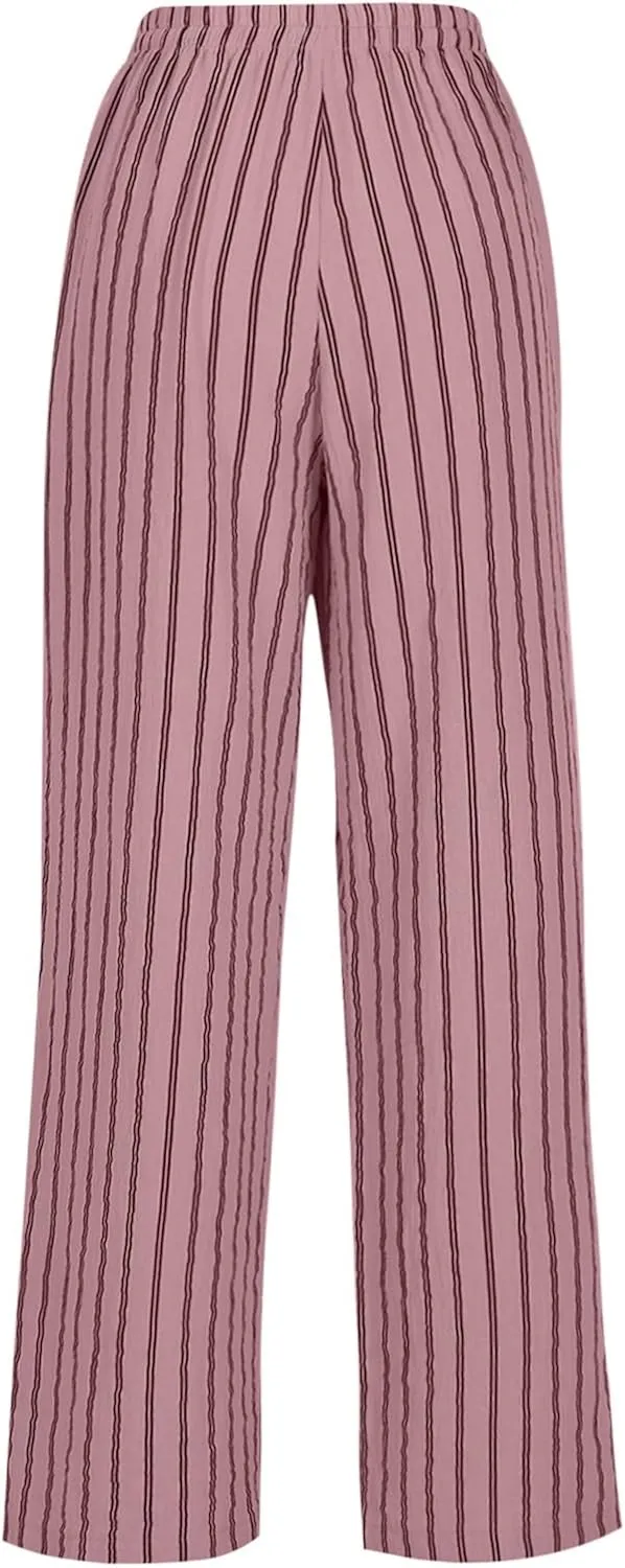 Linen Pants Women Summer Striped Wide Leg Pants Drawstring Elastic High Waisted Lounge Pants Casual Beach Trousers
