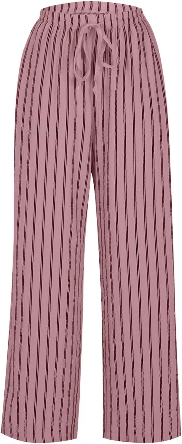 Linen Pants Women Summer Striped Wide Leg Pants Drawstring Elastic High Waisted Lounge Pants Casual Beach Trousers