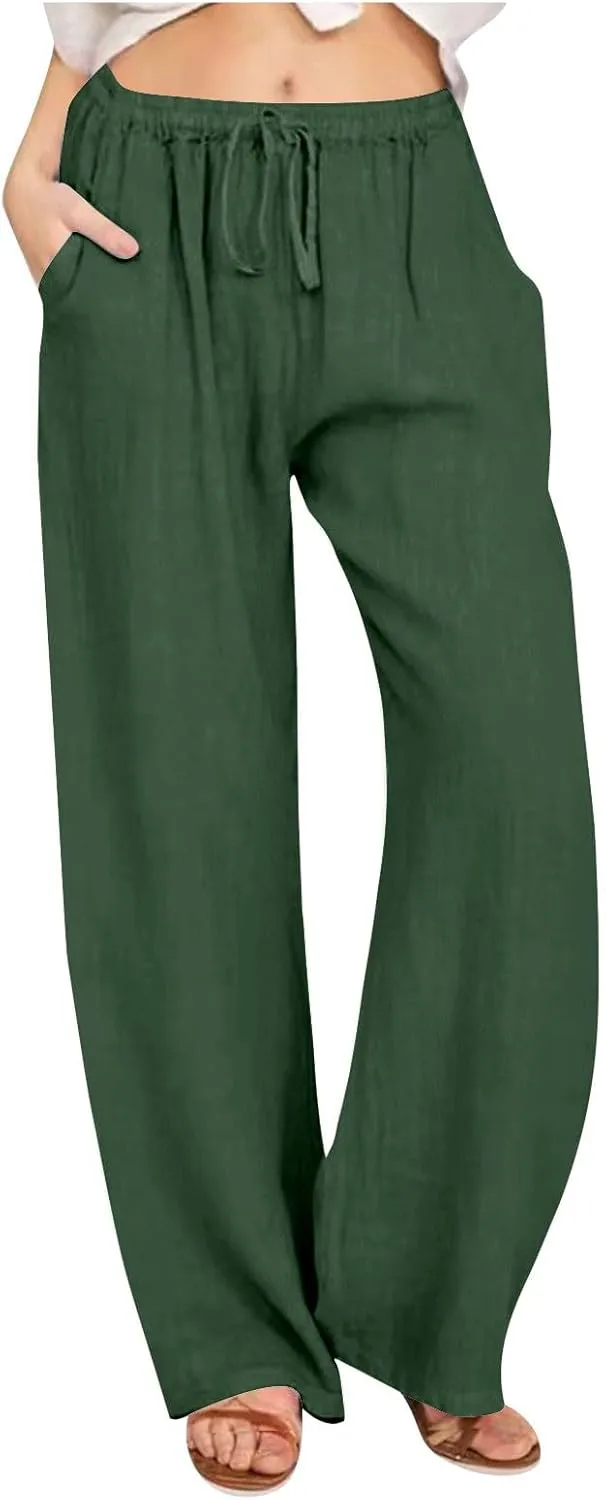 Linen Pants Women Summer Wide Leg Pant Cotton Linen Lounge Pants Loose Palazzo Trouser Comfy Trousers with Pockets