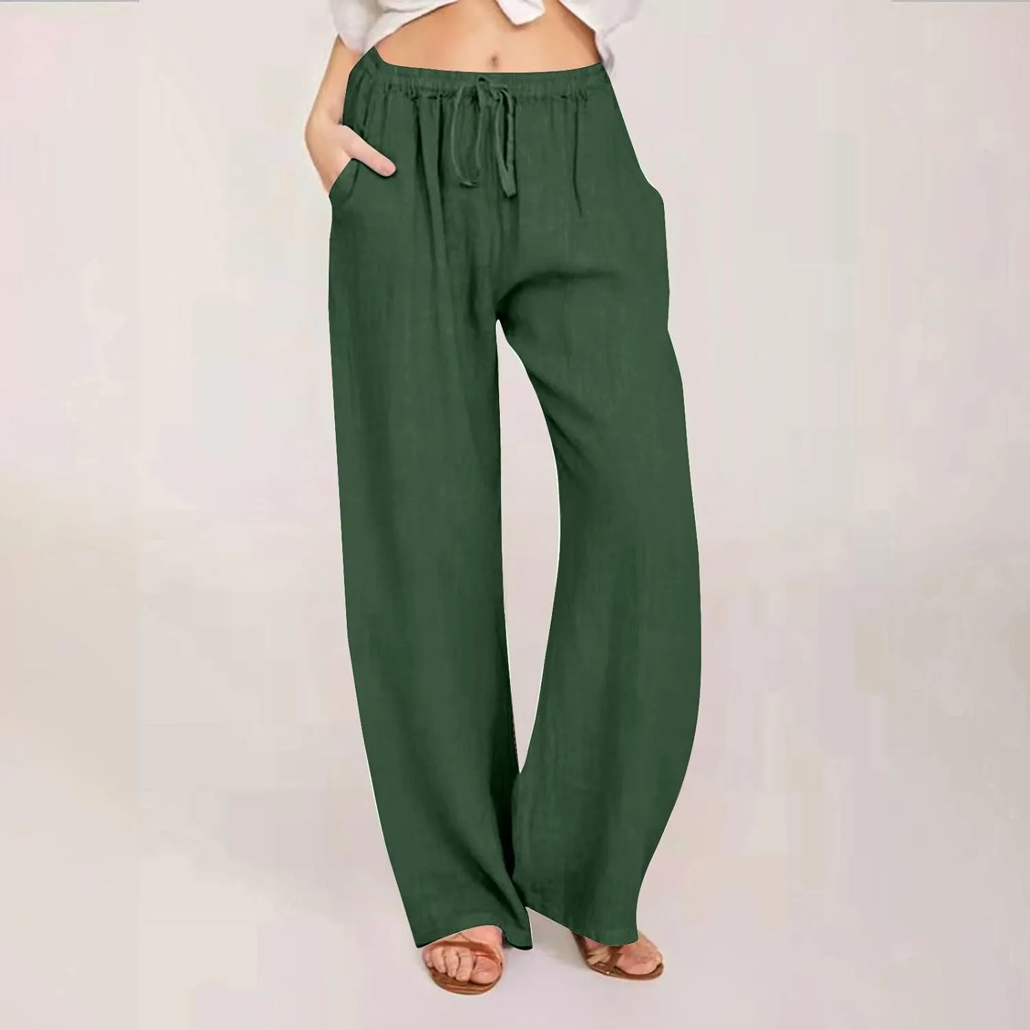 Linen Pants Women Summer Wide Leg Pant Cotton Linen Lounge Pants Loose Palazzo Trouser Comfy Trousers with Pockets