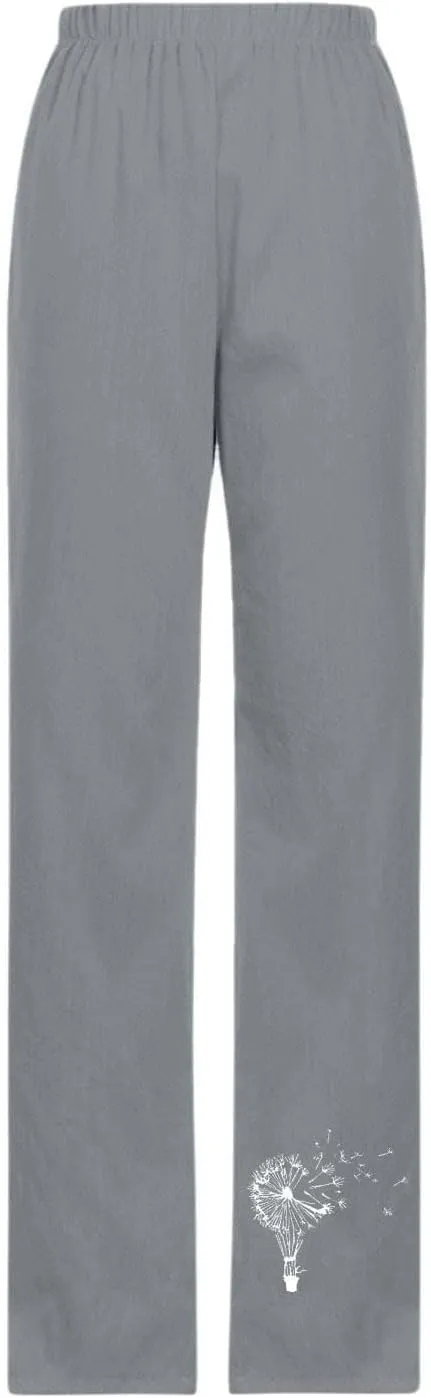 Linen Pants Women Trendy Heart Print Loose Fit Beach Trousers Summer Casual Elastic High Waist Pant Lounge Palazzo
