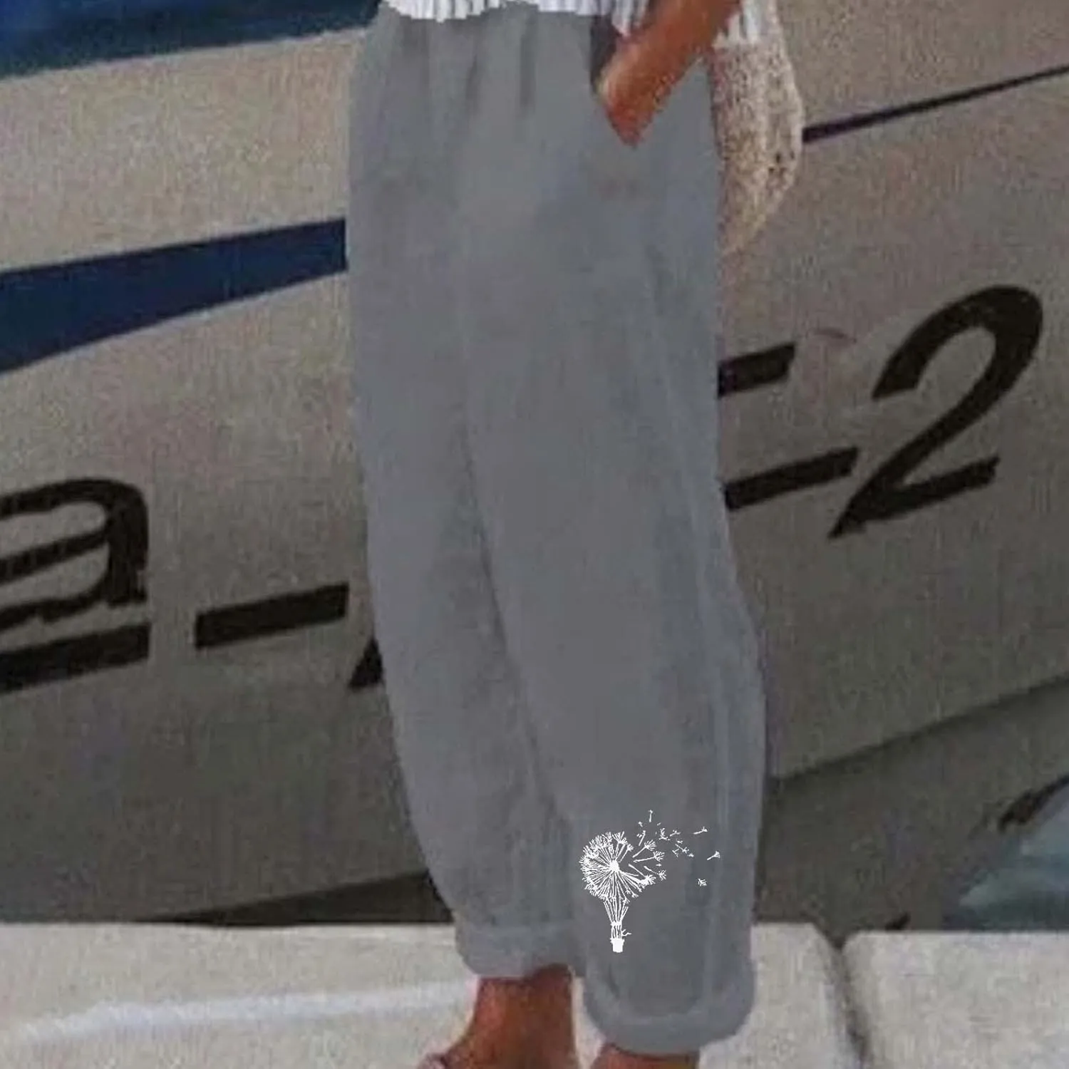 Linen Pants Women Trendy Heart Print Loose Fit Beach Trousers Summer Casual Elastic High Waist Pant Lounge Palazzo