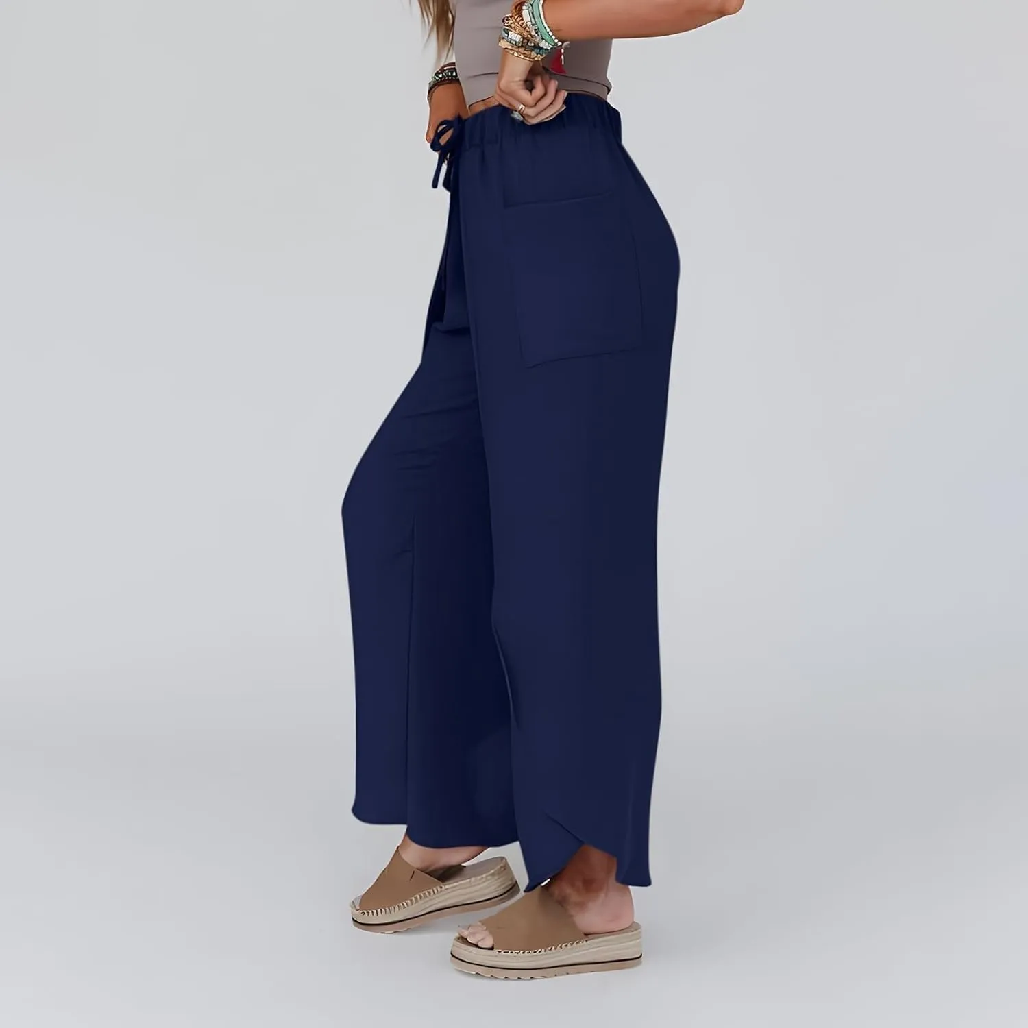 Linen Pants Women Wide Leg Summer Linen Pants Leg Drawstring Elastic High Waist Pant Linen Blend Pants Linen Outfit