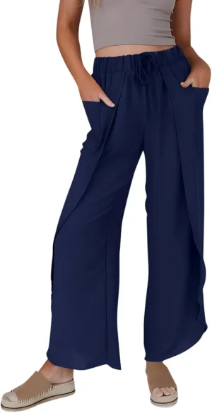 Linen Pants Women Wide Leg Summer Linen Pants Leg Drawstring Elastic High Waist Pant Linen Blend Pants Linen Outfit