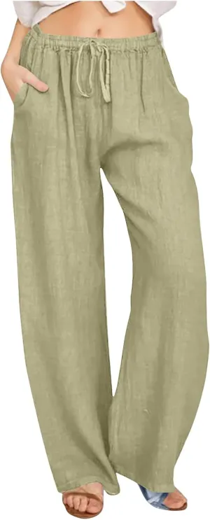 Linen Summer Pants Women 2024 Trendy Casual High Waist Drawstring Loose Fit Lightweight Long Palazzo Gauze Pants