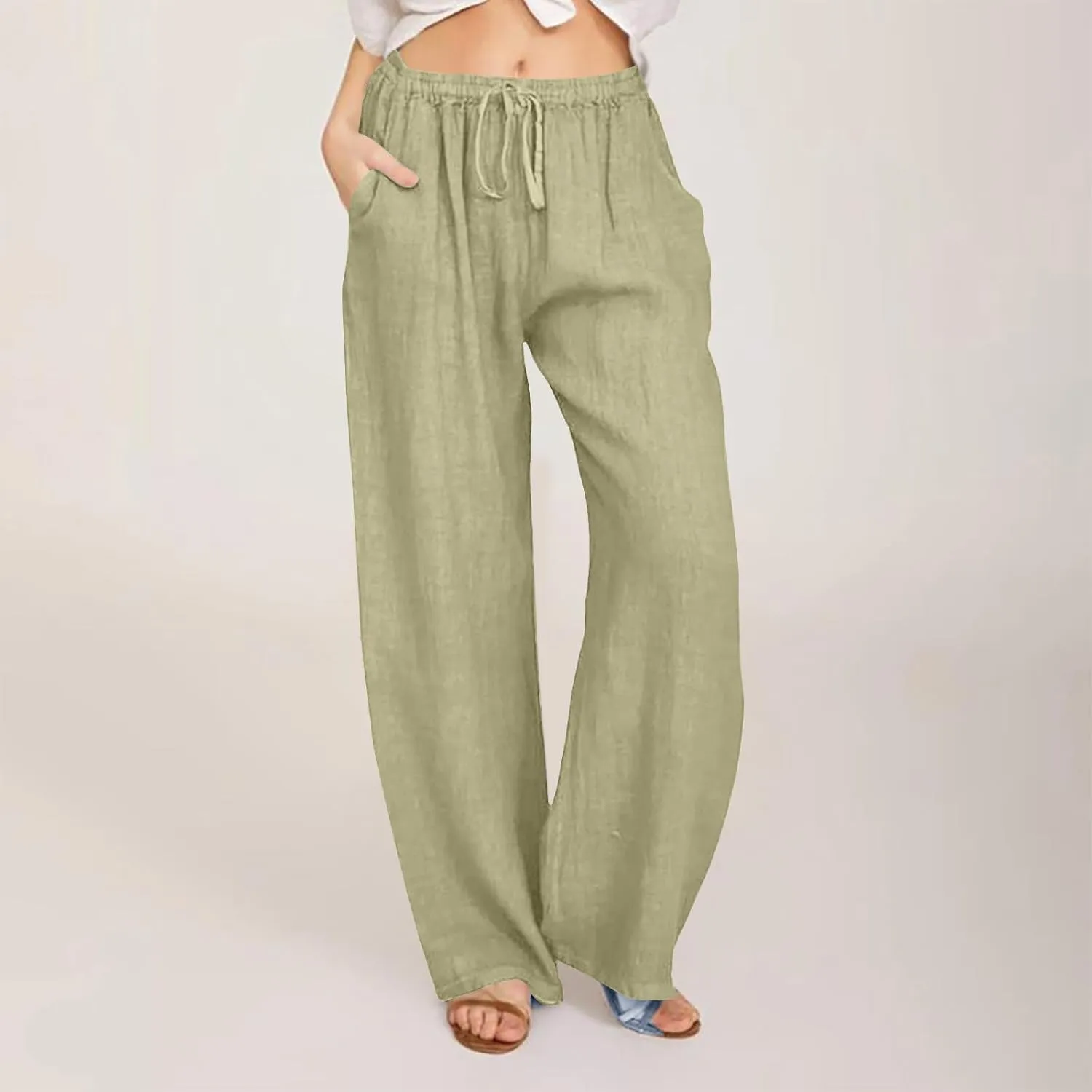 Linen Summer Pants Women 2024 Trendy Casual High Waist Drawstring Loose Fit Lightweight Long Palazzo Gauze Pants