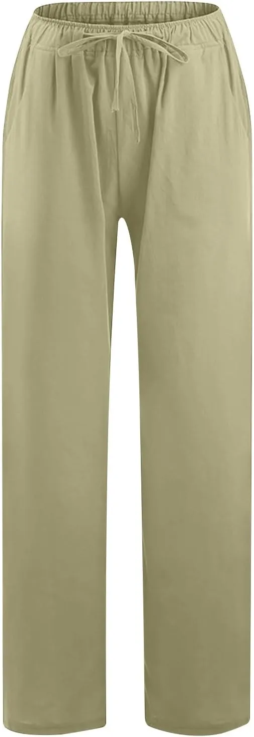 Linen Summer Pants Women 2024 Trendy Casual High Waist Drawstring Loose Fit Lightweight Long Palazzo Gauze Pants