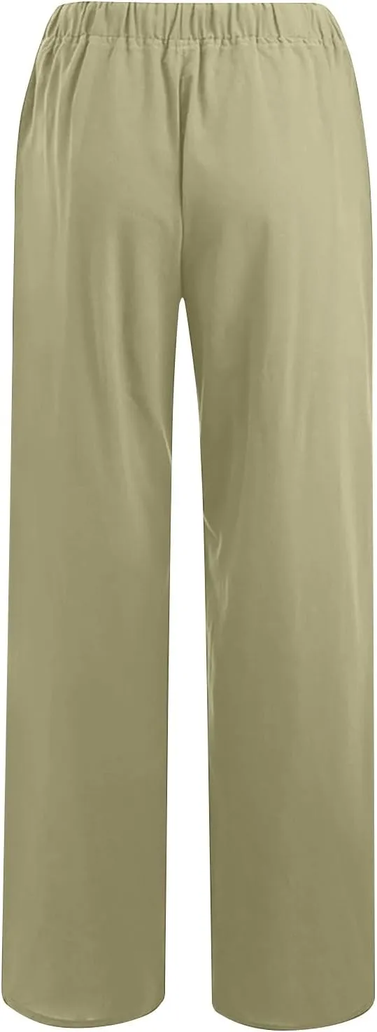 Linen Summer Pants Women 2024 Trendy Casual High Waist Drawstring Loose Fit Lightweight Long Palazzo Gauze Pants