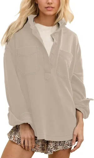 Locachy Women's Casual Oversized Polo Sweatshirt Lapel Long Sleeve Button Pullover Tops Fashion Outfits Clothes