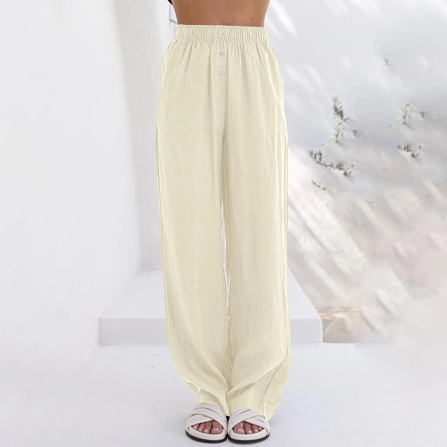 Loose Linen Pants for Women Elastic High Waisted Wide Leg Loose Comfy Trousers with Pockets Linen Blend Pants