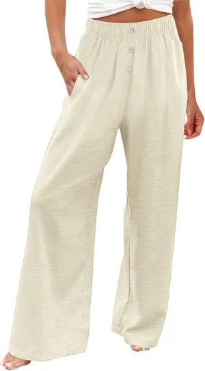 Loose Linen Pants for Women Elastic High Waisted Wide Leg Loose Comfy Trousers with Pockets Linen Blend Pants