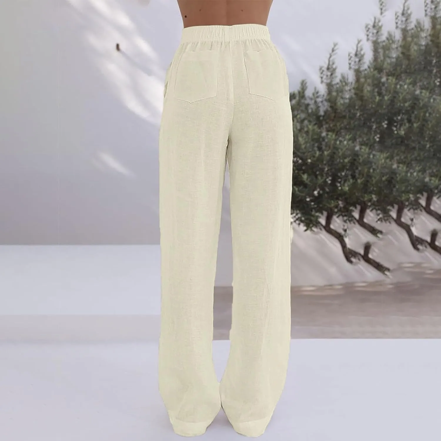 Loose Linen Pants for Women Elastic High Waisted Wide Leg Loose Comfy Trousers with Pockets Linen Blend Pants