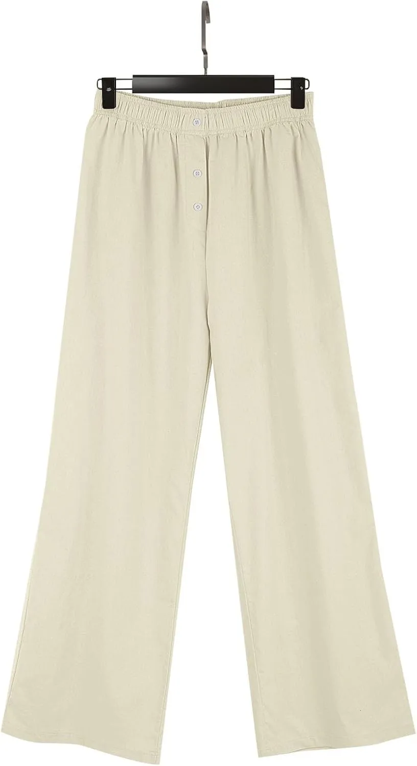 Loose Linen Pants for Women Elastic High Waisted Wide Leg Loose Comfy Trousers with Pockets Linen Blend Pants