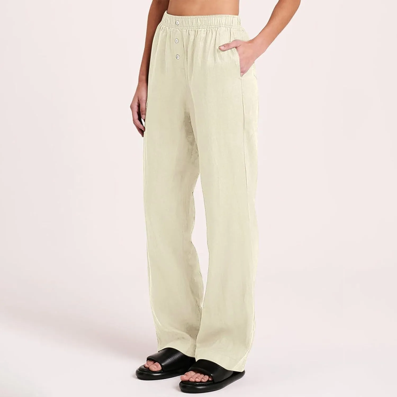 Loose Linen Pants for Women Elastic High Waisted Wide Leg Loose Comfy Trousers with Pockets Linen Blend Pants