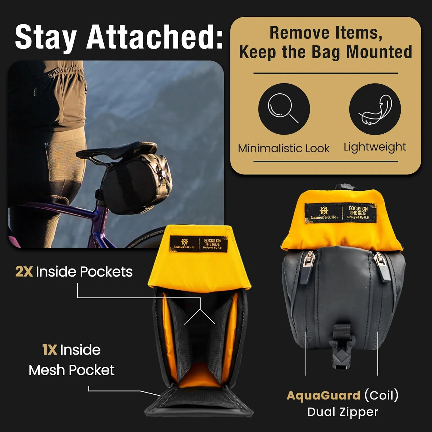Lumiere & Co. Maximus Magnetic Bike Seat Bag  Quick-Attach Saddle Bag with AquaGuard Zippers, Secure Under-Seat Storage for Cycling Gear & Accessories