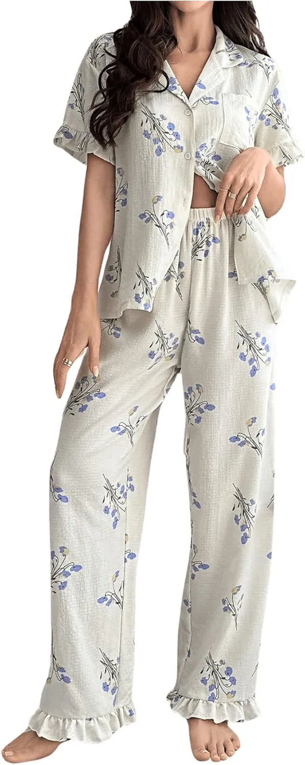 MakeMeChic Women's Floral Pajama Sets 2 Piece PJ Ses Short Sleeve Tops and Pants Sleepwear