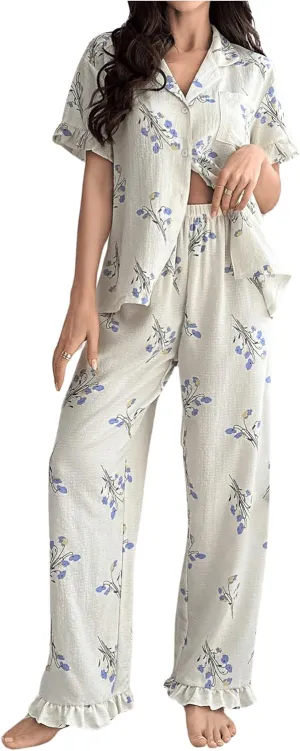 MakeMeChic Women's Floral Pajama Sets 2 Piece PJ Ses Short Sleeve Tops and Pants Sleepwear