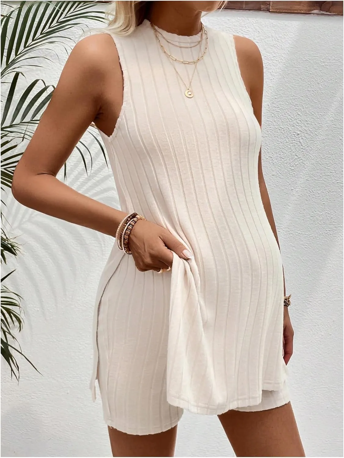 MakeMeChic Women's Maternity Pajama Set Loungewear Knit Tank Tops Biker Shorts Pregnancy Set