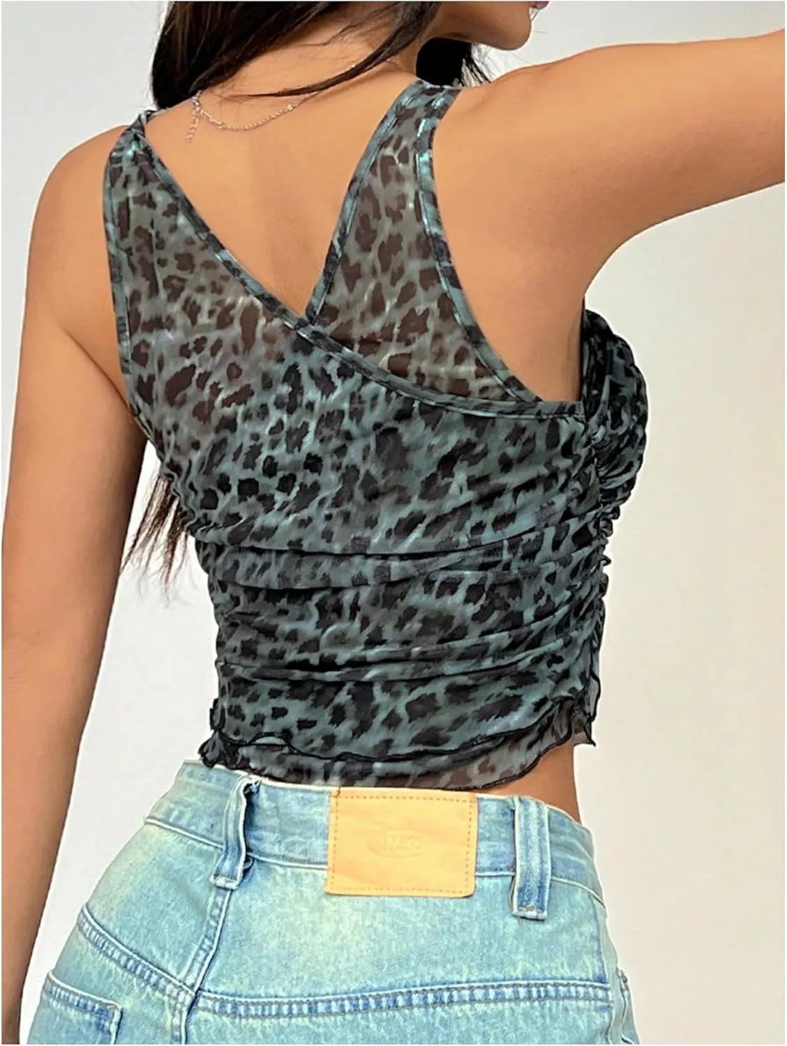 MakeMeChic Women's Mesh Leopard Print Cami Tops Y2k Lettuce Trim Club Camisole Crop Top