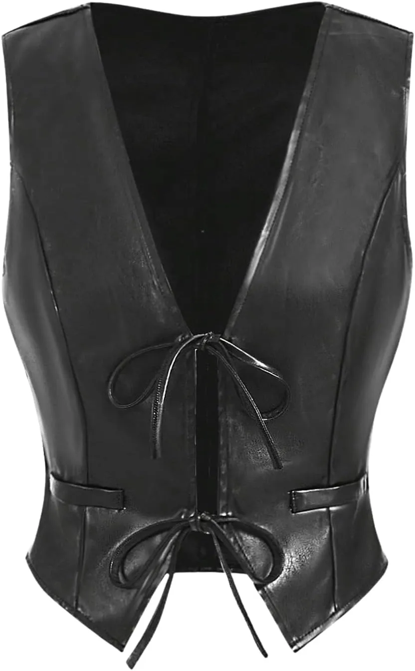 MakeMeChic Women's PU Leather V Neck Tie Front Sleeveless Y2K Vest Tops Waistcoat Jacket
