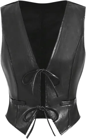 MakeMeChic Women's PU Leather V Neck Tie Front Sleeveless Y2K Vest Tops Waistcoat Jacket
