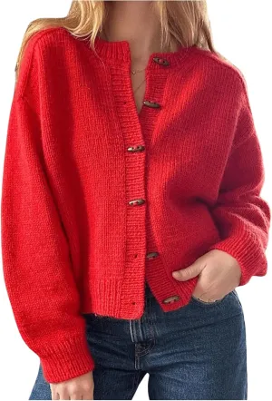 MakeMeChic Women's Round Neck Long Sleeve Button Down Cardigan Sweater Casual Knit Tops