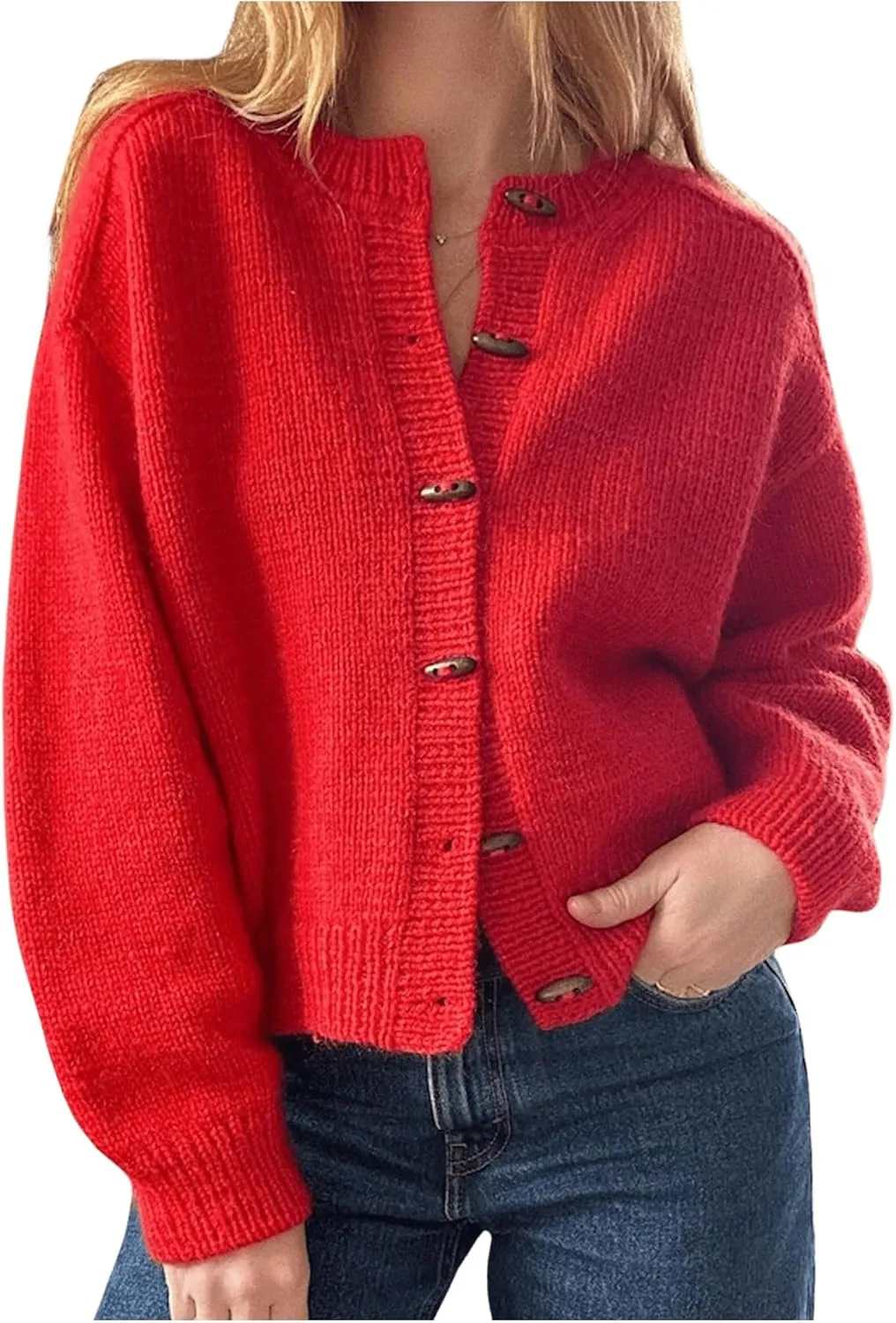 MakeMeChic Women's Round Neck Long Sleeve Button Down Cardigan Sweater Casual Knit Tops
