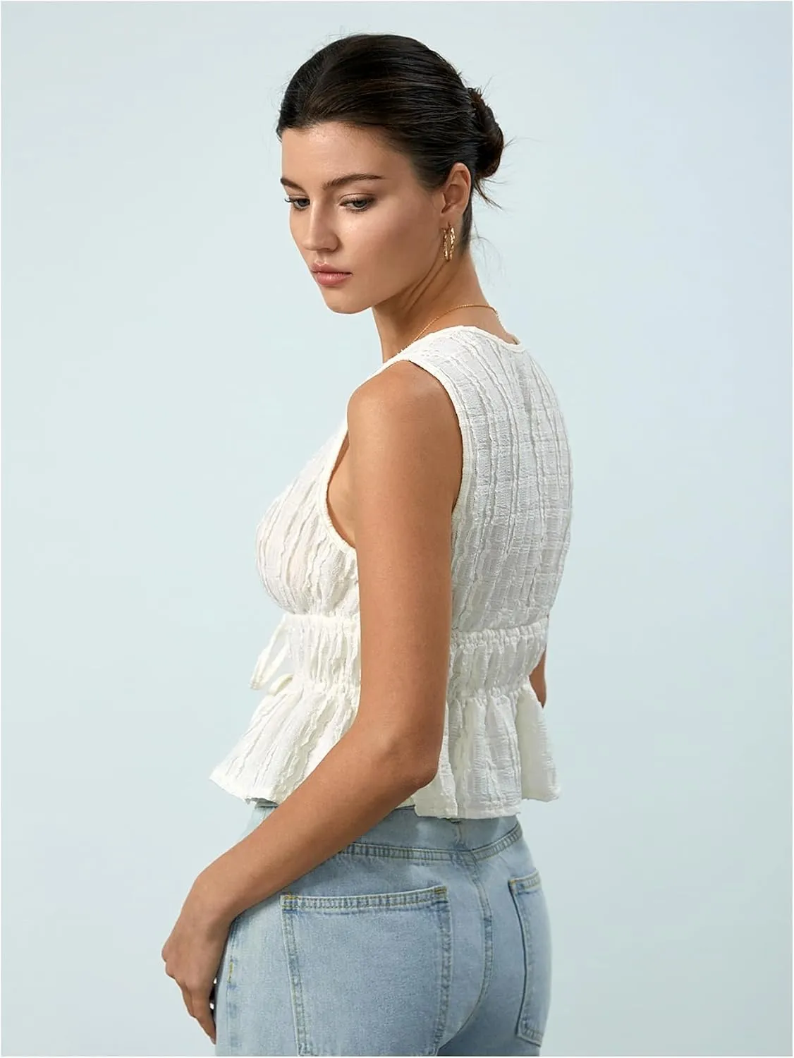 MakeMeChic Women's Tie Front V Neck Tank Top Bow Sleeveless Ruffle Hem Crop Tops