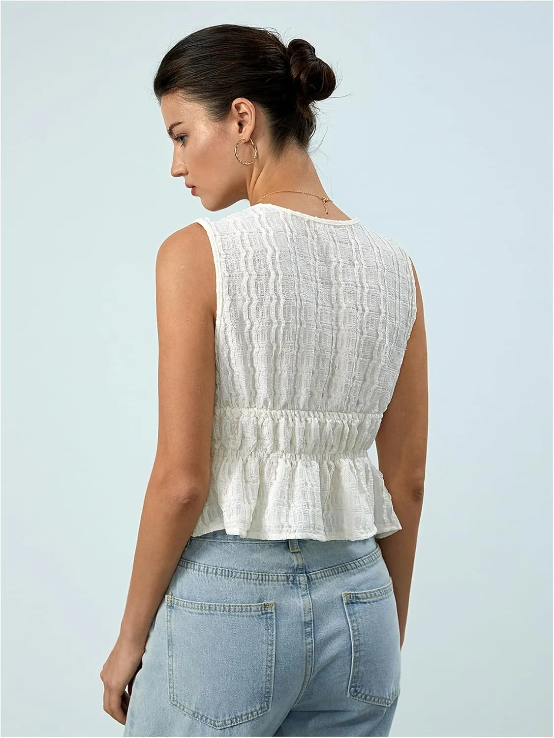 MakeMeChic Women's Tie Front V Neck Tank Top Bow Sleeveless Ruffle Hem Crop Tops